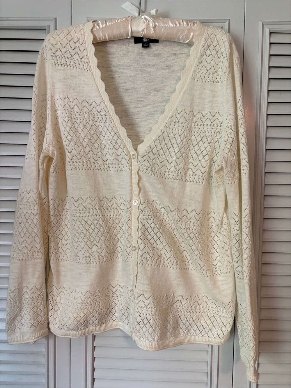 Frye Ivory Pointelle Knit Lightweight Cardigan Size Large - Picture 2 of 7